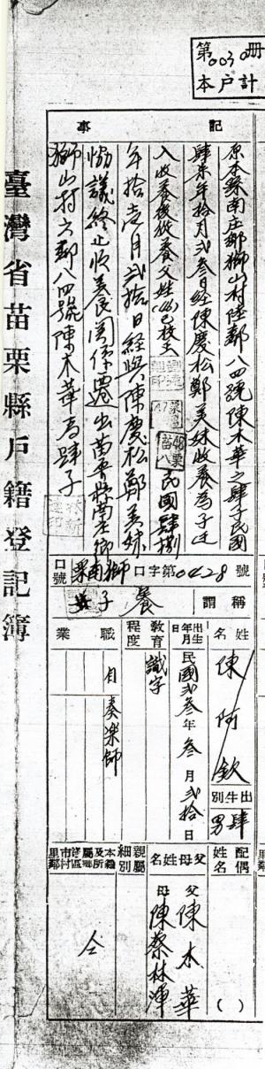 與陳慶松只有短暫父子緣份的陳阿欽，戶口名簿上顯示他是奏樂師