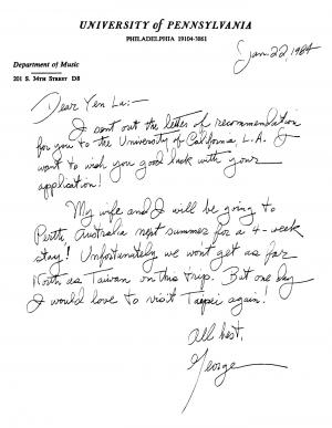 盧炎恩師喬治‧克蘭姆 為他寫的推薦信
盧炎恩師喬治‧克蘭姆寫給盧炎的親筆信