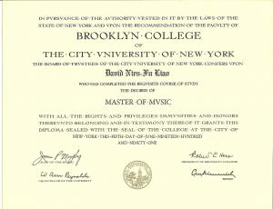 布魯克林音樂學院畢業證書